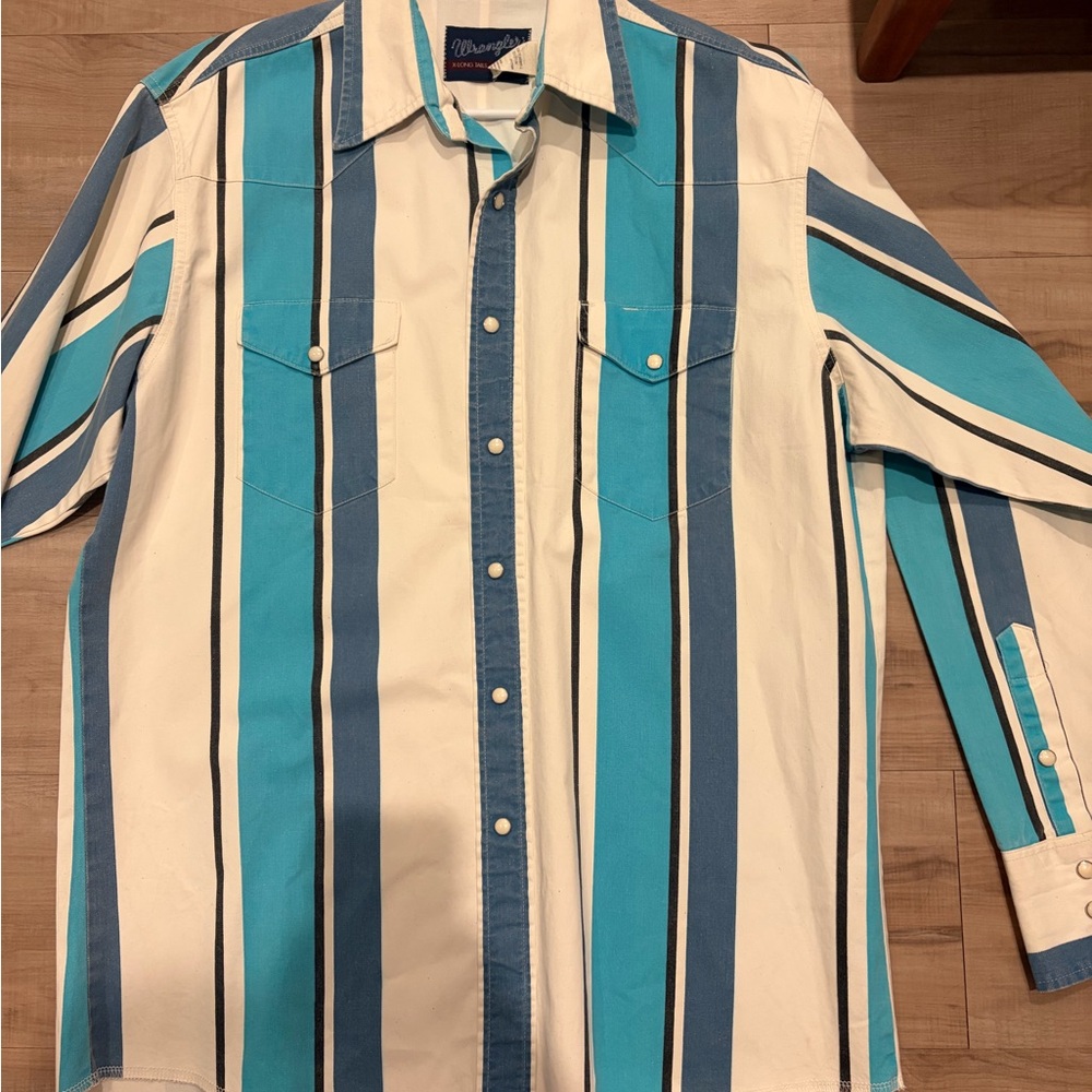 Wrangler Men’s Striped Button-Down Shirt in Teal, Blue & White